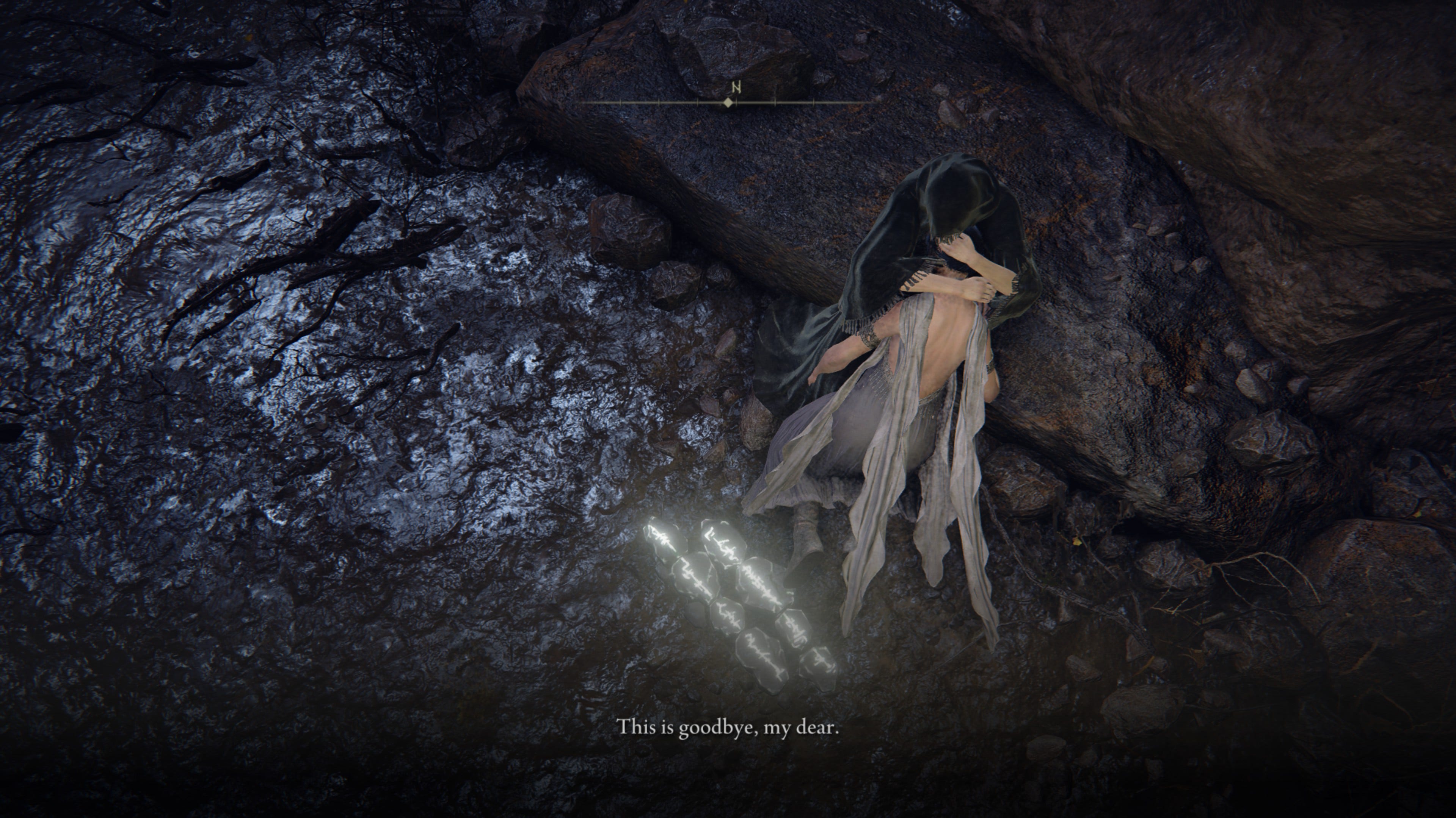 from above, fia embraces my girl, who wears the deathbed dress: 'this is goodbye, my dear.'